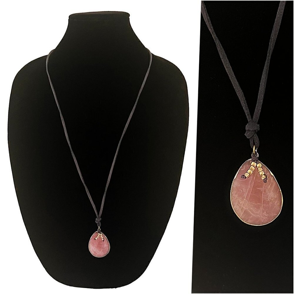 Nordstrom Feminine Boho Rose Quartz Gold Leather Cord Long Earthy Necklace